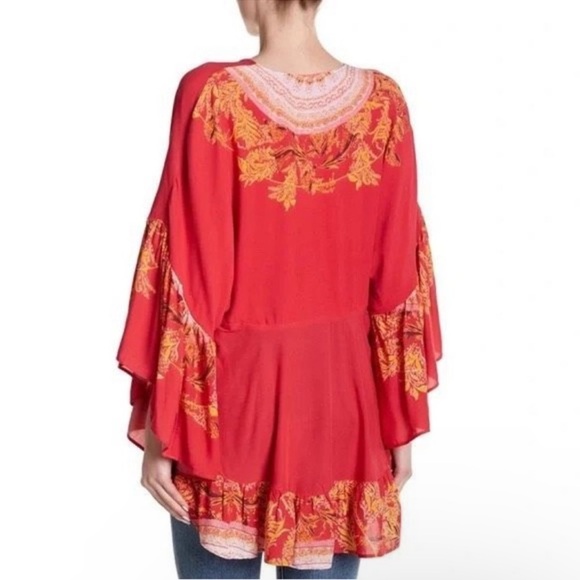 Free People Sunset Dreams V Neck Ruffle Bell Sleeve Tunic Blouse Top oversized - Picture 8 of 15